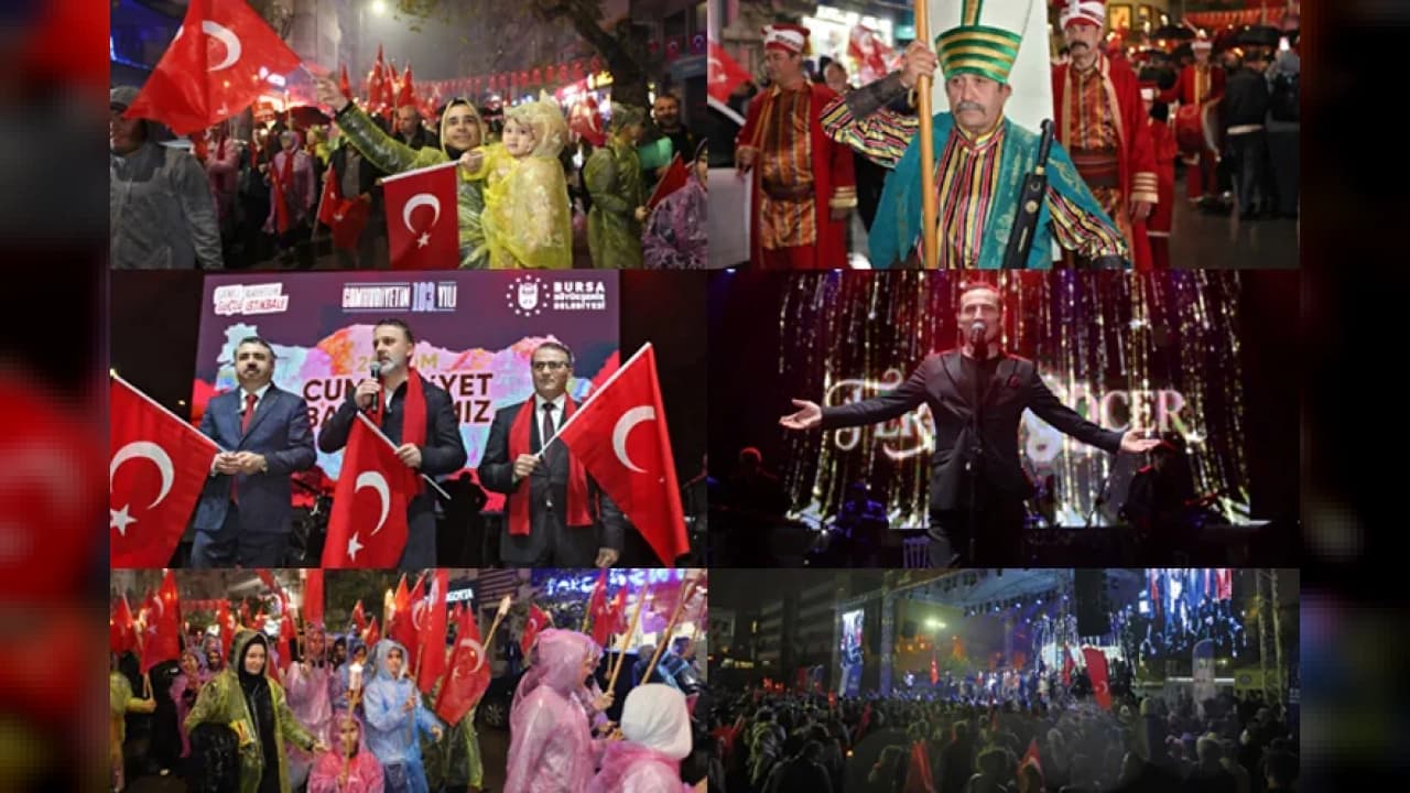 Bursa'da Yağmura Rağmen Coşkulu Cumhuriyet Yürüyüşü ve Konser