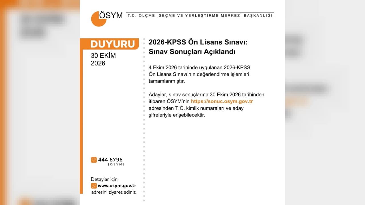 2026 KPSS Ön Lisans sonuçları ÖSYM tarafından açıklandı