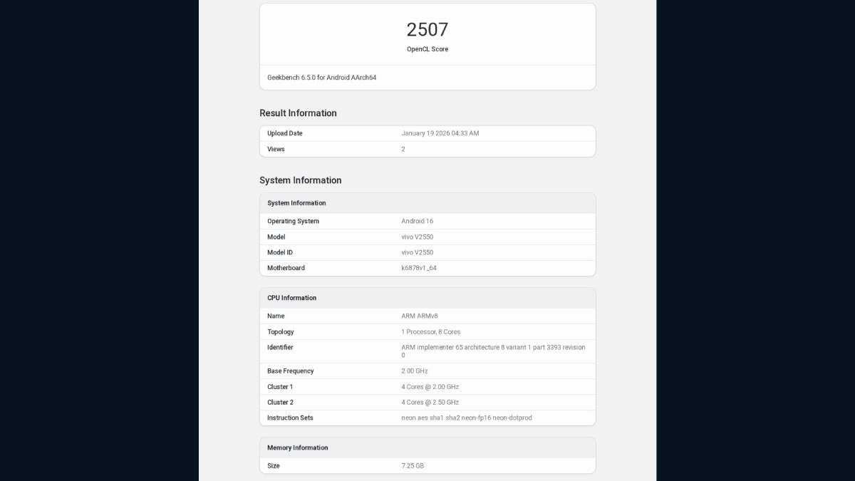 Vivo V70 FE Geekbench sonuçları