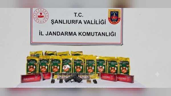 Şanlıurfa’da jandarma operasyonda ruhsatsız tabanca ve 14 kg çay ele geçirdi