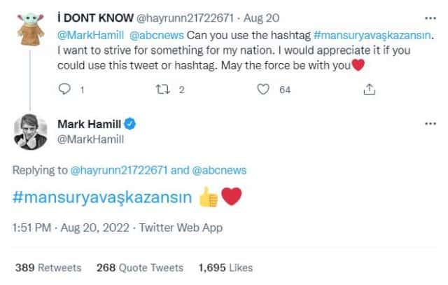 Mark Hamill Mansur Yavaş için tweet attı!